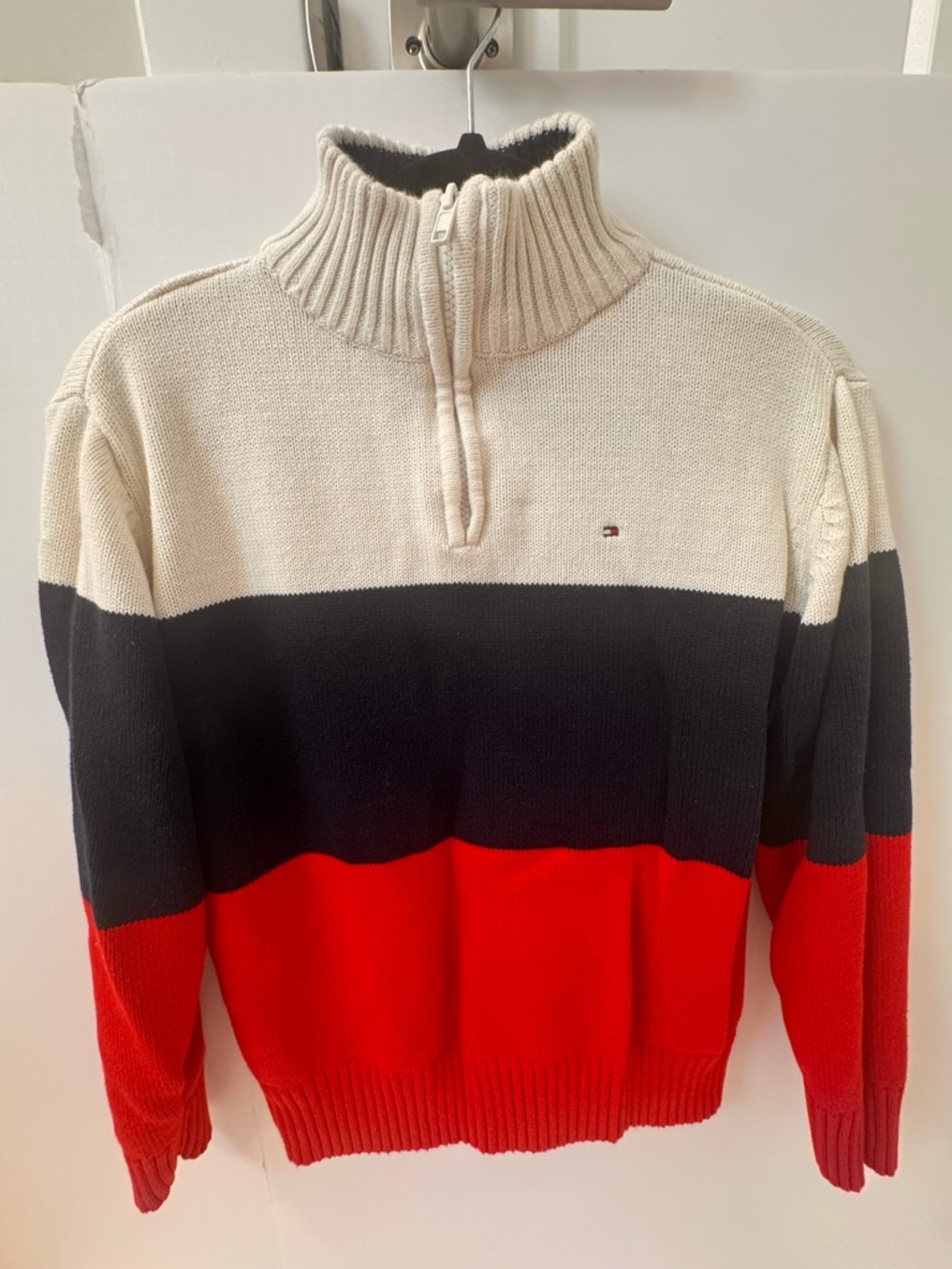 Tommy Hilfiger Men’s Colorblock Half-Zip Sweater - Cream/Navy/Red youth L